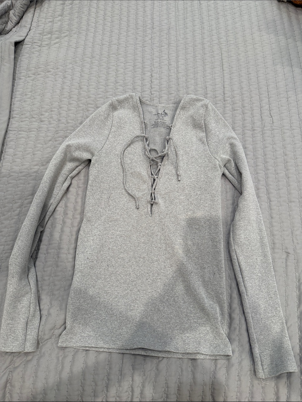 Free People Heather Gray Lace-Up V-Neck Sweater